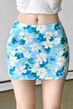 Small Daisy Floral Bodycon Skirt - Women's Fresh Oil Paint Blue Midi Skirt for Spring - Trendy Dopamine Fashion