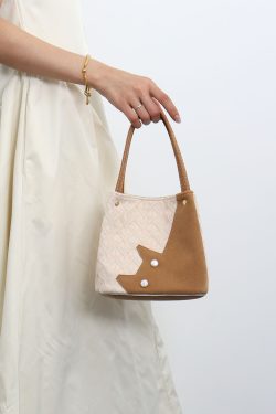 Small Square Hand-Held Vegetable Basket Bag - Cute Color-Blocking Cat Design - Handmade Textured Crossbody Bag for Spring/Summer Fashion