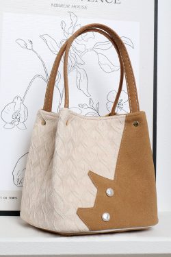Small Square Hand-Held Vegetable Basket Bag - Cute Color-Blocking Cat Design - Handmade Textured Crossbody Bag for Spring/Summer Fashion