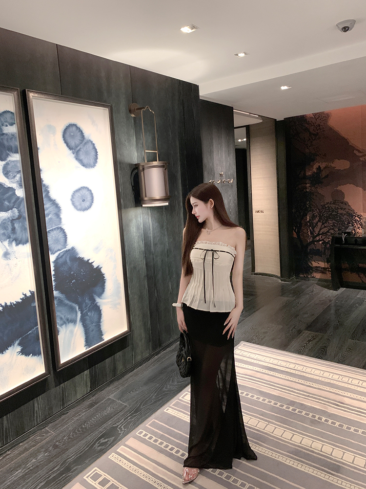 Small Strapless Chiffon Top with Bow Tie and Built-in Chest Pad - Flowy Wind Style for Summer, Perfect for Y2K and 90s Fashion Small Strapless Chiffon Top with Bow Tie and Built-in Chest Pad - Flowy Wind Style for Summer, Perfect for Y2K and 90s Fashion