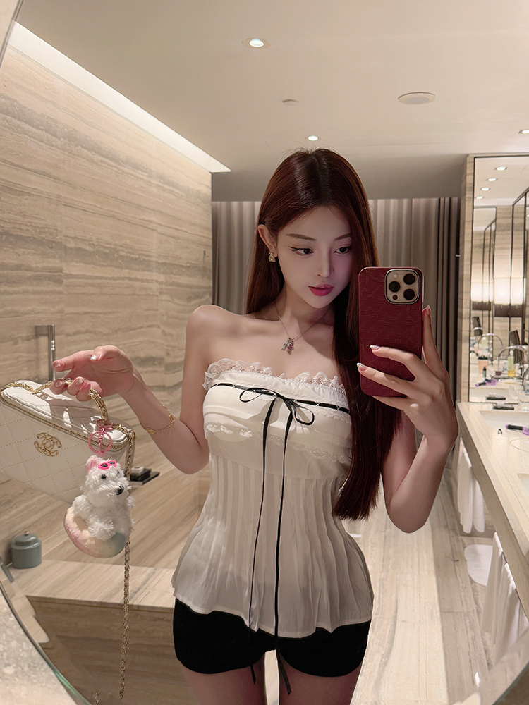 Small Strapless Chiffon Top with Bow Tie and Built-in Chest Pad - Flowy Wind Style for Summer, Perfect for Y2K and 90s Fashion Small Strapless Chiffon Top with Bow Tie and Built-in Chest Pad - Flowy Wind Style for Summer, Perfect for Y2K and 90s Fashion