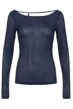 Smog Blue Lace-Up Backless Fitted Thin Knit Top for Women - One-Shoulder Long Sleeve Solid Color Shirt, Y2K Style