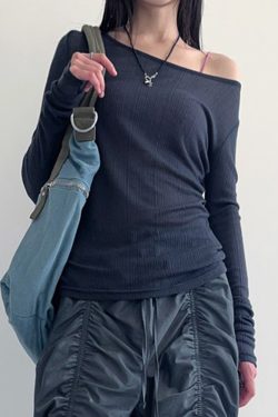 Smog Blue Lace-Up Backless Fitted Thin Knit Top for Women - One-Shoulder Long Sleeve Solid Color Shirt, Y2K Style