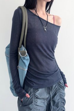 Smog Blue Lace-Up Backless Fitted Thin Knit Top for Women - One-Shoulder Long Sleeve Solid Color Shirt, Y2K Style