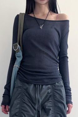 Smog Blue Lace-Up Backless Fitted Thin Knit Top for Women - One-Shoulder Long Sleeve Solid Color Shirt, Y2K Style