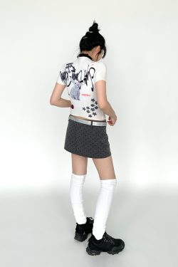 Soft Candy Rabbit Printed Short Sleeve T-Shirt - Elastic Pleated Design, Cute 90s Style Top for a Trendy Look