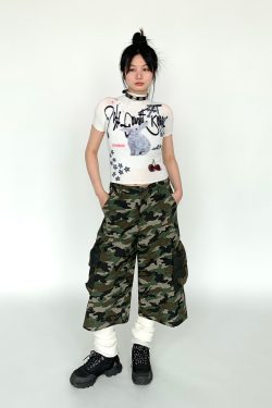 Soft Candy Rabbit Printed Short Sleeve T-Shirt - Elastic Pleated Design, Cute 90s Style Top for a Trendy Look