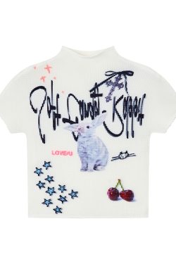 Soft Candy Rabbit Printed Short Sleeve T-Shirt - Elastic Pleated Design, Cute 90s Style Top for a Trendy Look