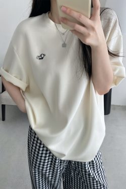 Soft Double-Sided Tencel Round Neck Short Sleeve T-Shirt with Dog Embroidery, Color-Blocking Design, Cute Loose Fit for Effortless Style