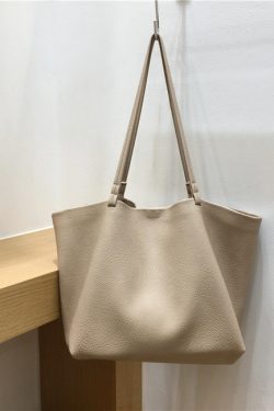 Soft Leather Single-Shoulder Tote Bag for Women - Versatile Minimalist Mother-Child Bag in Solid Color, Collapsible Design