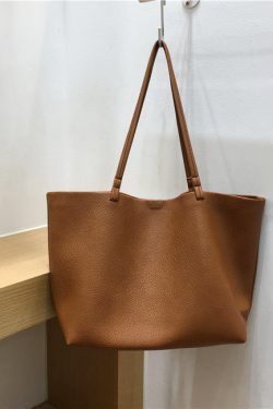Soft Leather Single-Shoulder Tote Bag for Women - Versatile Minimalist Mother-Child Bag in Solid Color, Collapsible Design