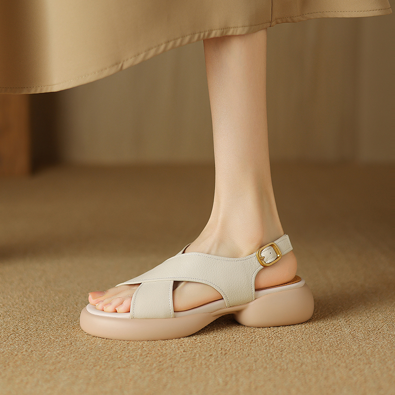 Soft Sheepskin Cross Strap Open-Toe Sandals for Women - Comfortable Thick-Soled Summer Sandals, Versatile Fashion Footwear Soft Sheepskin Cross Strap Open-Toe Sandals for Women - Comfortable Thick-Soled Summer Sandals, Versatile Fashion Footwear