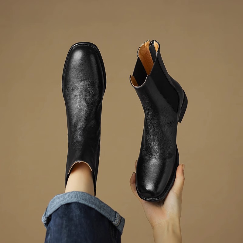 Soft Sole Non-Rubbing Chelsea Boots for Women - 3cm Thick Heel, Genuine Leather, Round Toe, Italian Style, Comfortable Fashion Footwear Soft Sole Non-Rubbing Chelsea Boots for Women - 3cm Thick Heel, Genuine Leather, Round Toe, Italian Style, Comfortable Fashion Footwear