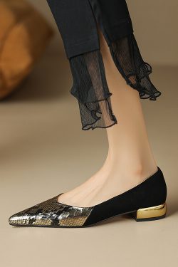 Soft-Soled Low-Heeled Pointed Flat Shoes for Women in Snake Print and Color Block Design - Chic French Fashion Footwear