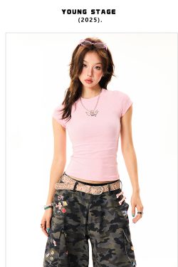 Solid Color Pink Cropped T-Shirt for Women - Short Sleeve, Slim Fit, Spicy Girl Style, Summer Essential
