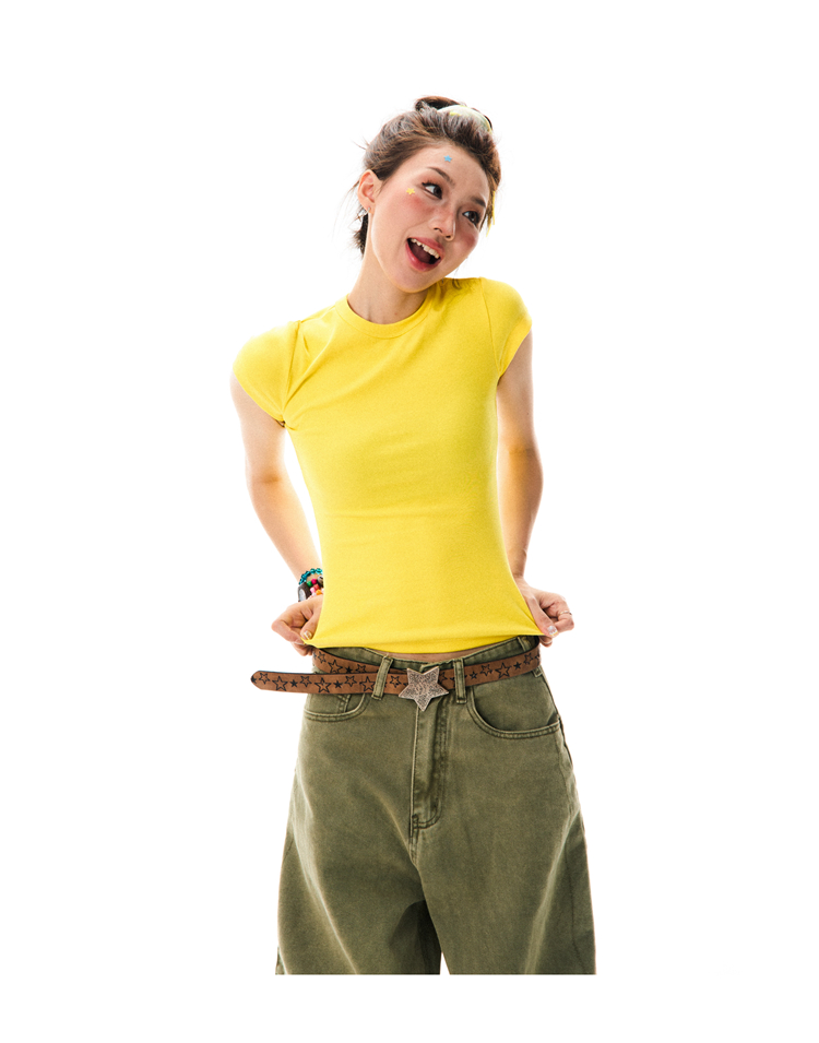 Solid Color Pink Cropped T-Shirt for Women - Short Sleeve, Slim Fit, Spicy Girl Style, Summer Essential Solid Color Pink Cropped T-Shirt for Women - Short Sleeve, Slim Fit, Spicy Girl Style, Summer Essential