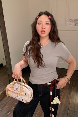 Solid Color Round Neck Short Sleeve T-Shirt for Women - Slim Fit Waist-Cinching Summer Top 2025, Flattering Shoulder Design