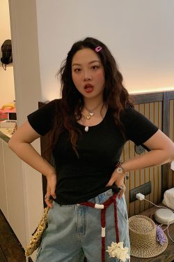 Solid Color Round Neck Short Sleeve T-Shirt for Women - Slim Fit Waist-Cinching Summer Top 2025, Flattering Shoulder Design