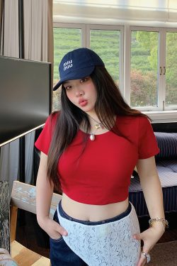 Solid Color Round Neck Short Sleeve T-Shirt for Women - Slim Fit Waist-Cinching Summer Top 2025, Flattering Shoulder Design