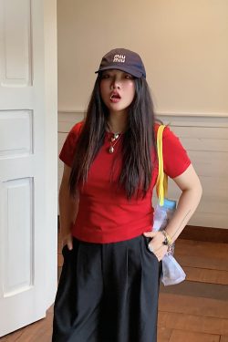 Solid Color Round Neck Short Sleeve T-Shirt for Women - Slim Fit Waist-Cinching Summer Top 2025, Flattering Shoulder Design