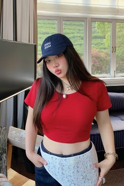 Solid Color Round Neck Short Sleeve T-Shirt for Women - Slim Fit Waist-Cinching Summer Top 2025, Flattering Shoulder Design