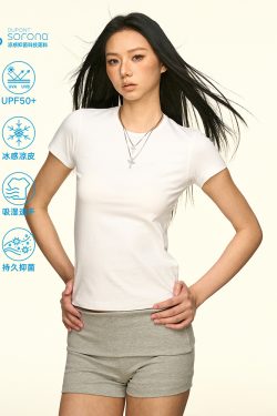 Solid Color Sorona Cool Feeling Short Sleeve T-Shirt for Women - Summer Minimalist Basic Fitted Slim Top