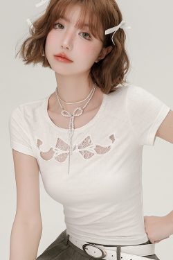 Spicy Girl Butterfly Knot Hollow Short-Sleeve T-Shirt for Women - Summer Lace Embroidery Slim Fit Top, Y2K Fashion