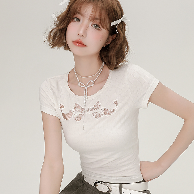 Spicy Girl Butterfly Knot Hollow Short-Sleeve T-Shirt for Women - Summer Lace Embroidery Slim Fit Top, Y2K Fashion Spicy Girl Butterfly Knot Hollow Short-Sleeve T-Shirt for Women - Summer Lace Embroidery Slim Fit Top, Y2K Fashion