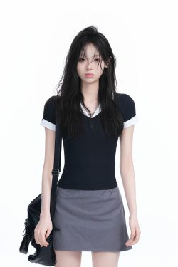Spicy Girl College Style Fake Two-Piece Lapel Short Sleeve T-Shirt for Women - Fitted Shoulder Top, Trendy Y2K Fashion