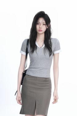 Spicy Girl College Style Fake Two-Piece Lapel Short Sleeve T-Shirt for Women - Fitted Shoulder Top, Trendy Y2K Fashion