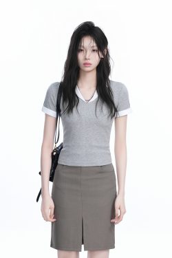 Spicy Girl College Style Fake Two-Piece Lapel Short Sleeve T-Shirt for Women - Fitted Shoulder Top, Trendy Y2K Fashion