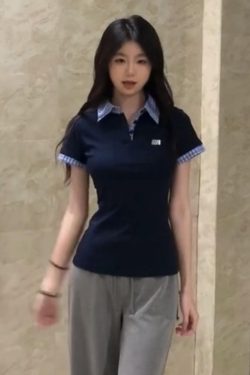 Spicy Girl Embroidered Polo Collar Short Sleeve T-Shirt - Slim Fit Two-Piece Look for Women - Summer 2025 Trendy Fashion Top