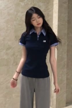 Spicy Girl Embroidered Polo Collar Short Sleeve T-Shirt - Slim Fit Two-Piece Look for Women - Summer 2025 Trendy Fashion Top