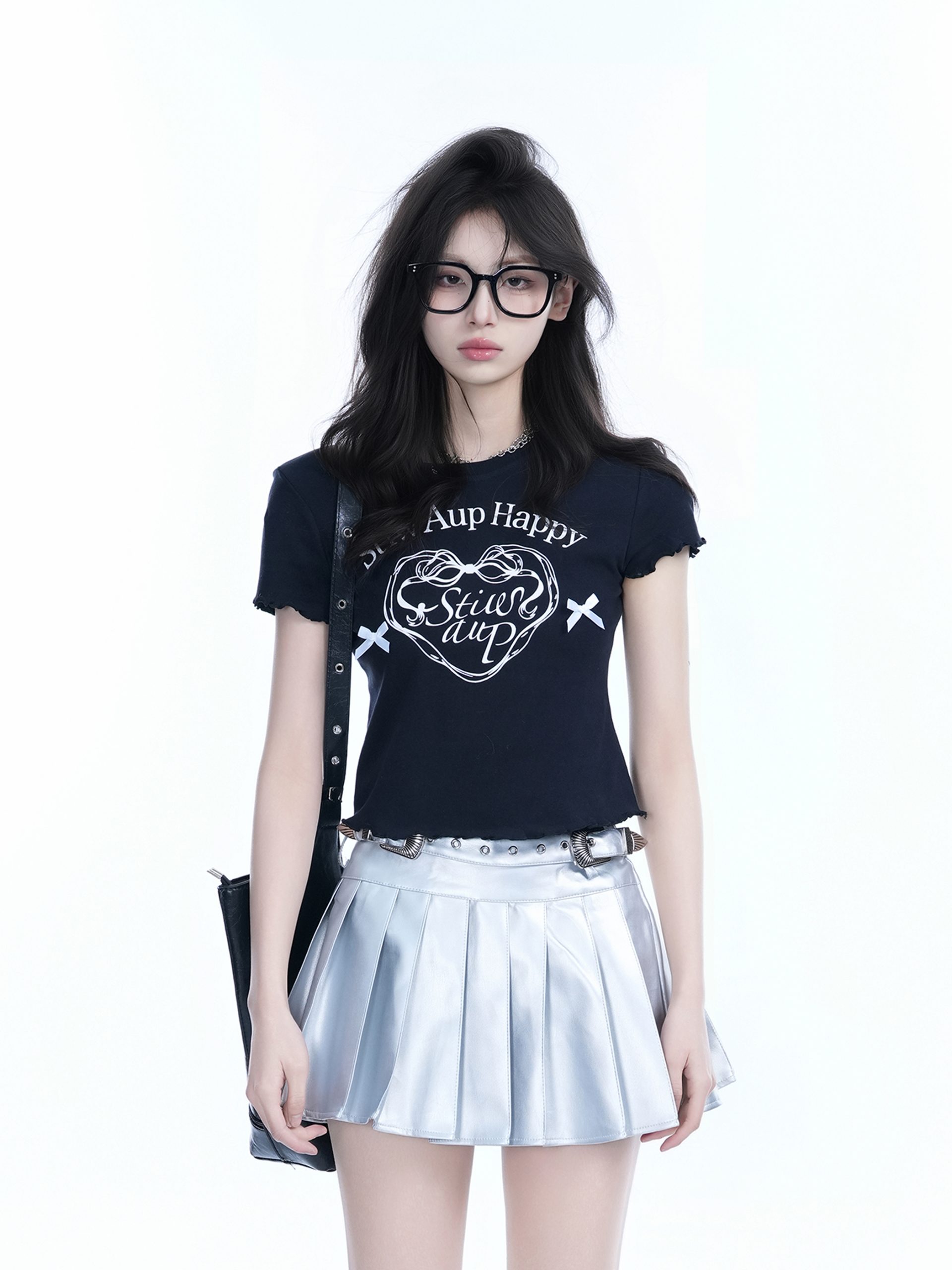 Spicy Girl Heart Bow Short Sleeve T-Shirt - American Style Slim Fit Top with Mountain Print - Y2K Fashion Spicy Girl Heart Bow Short Sleeve T-Shirt - American Style Slim Fit Top with Mountain Print - Y2K Fashion