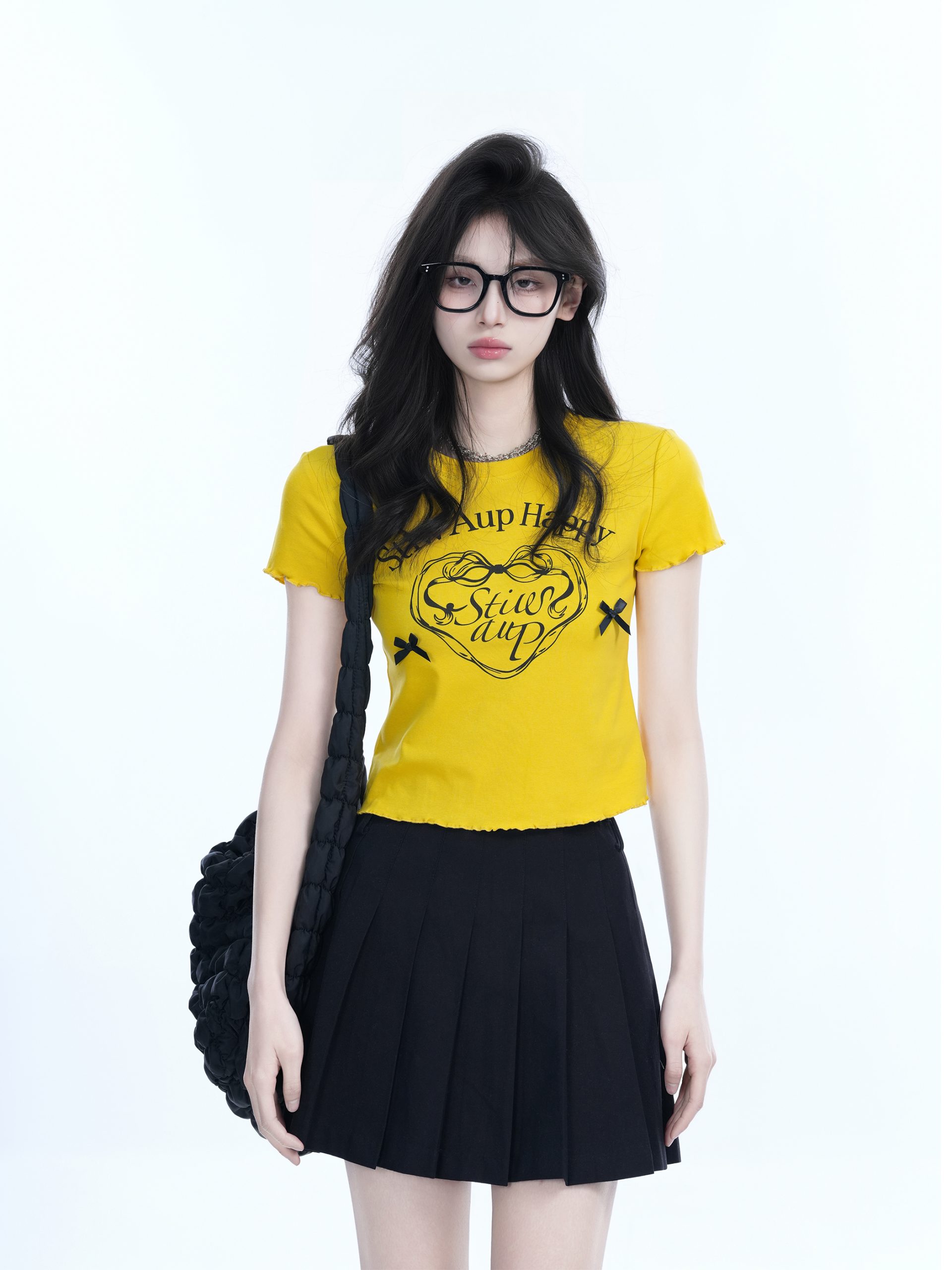 Spicy Girl Heart Bow Short Sleeve T-Shirt - American Style Slim Fit Top with Mountain Print - Y2K Fashion Spicy Girl Heart Bow Short Sleeve T-Shirt - American Style Slim Fit Top with Mountain Print - Y2K Fashion