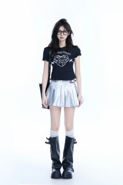 Spicy Girl Heart Bow Short Sleeve T-Shirt - American Style Slim Fit Top with Mountain Print - Y2K Fashion