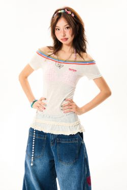 Spicy Girl Hem Spliced Lace Short Sleeve Off-Shoulder T-Shirt for Women - Summer Thin Breathable American Style