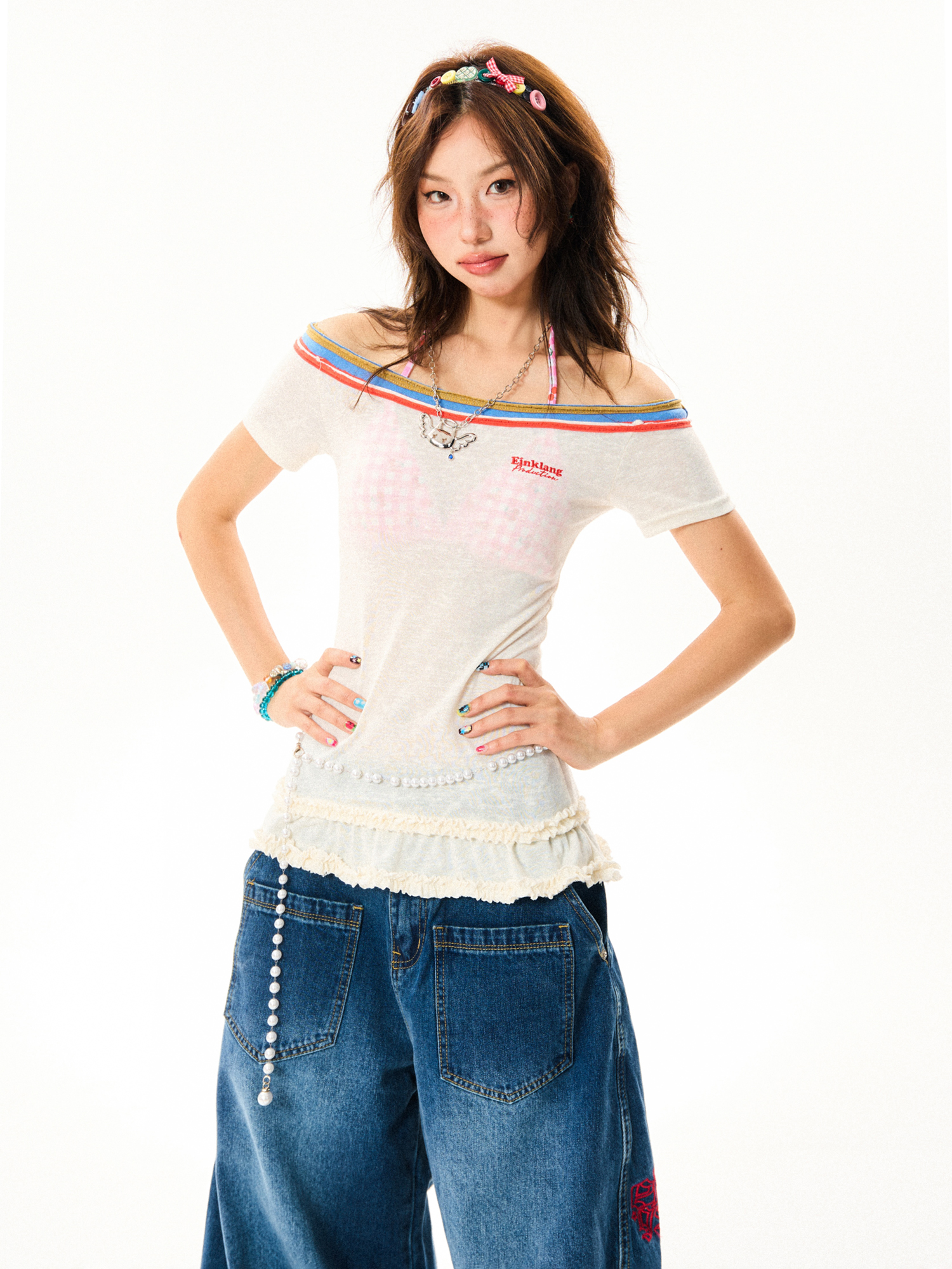 Spicy Girl Hem Spliced Lace Short Sleeve Off-Shoulder T-Shirt for Women - Summer Thin Breathable American Style Spicy Girl Hem Spliced Lace Short Sleeve Off-Shoulder T-Shirt for Women - Summer Thin Breathable American Style