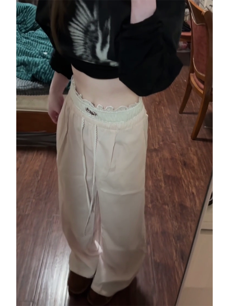 Spicy Girl Lace Patchwork Striped Cargo Pants for Women - Loose Straight Wide-Leg Hip-Hop Casual Sports Trousers Spicy Girl Lace Patchwork Striped Cargo Pants for Women - Loose Straight Wide-Leg Hip-Hop Casual Sports Trousers