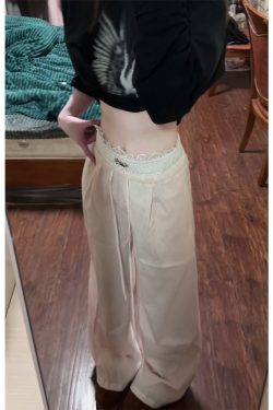 Spicy Girl Lace Patchwork Striped Cargo Pants for Women - Loose Straight Wide-Leg Hip-Hop Casual Sports Trousers