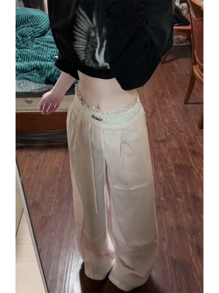 Spicy Girl Lace Patchwork Striped Cargo Pants for Women - Loose Straight Wide-Leg Hip-Hop Casual Sports Trousers Spicy Girl Lace Patchwork Striped Cargo Pants for Women - Loose Straight Wide-Leg Hip-Hop Casual Sports Trousers