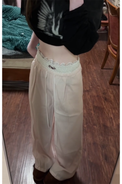 Spicy Girl Lace Patchwork Striped Cargo Pants for Women - Loose Straight Wide-Leg Hip-Hop Casual Sports Trousers