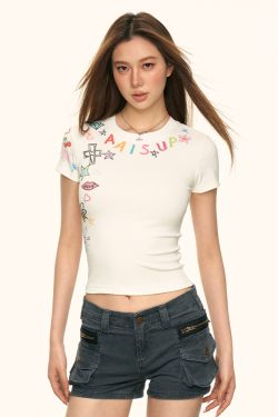 Spicy Girl Letter Graffiti Printed Short Sleeve T-Shirt for Women - American Style, Summer Casual Top, Niche Fashion