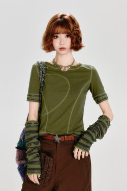 Spicy Girl Long Sleeve T-Shirt for Women with Striped Sleeves, Two-Way Wear, Slim Fit - American Style Fashion Top