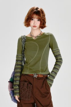 Spicy Girl Long Sleeve T-Shirt for Women with Striped Sleeves, Two-Way Wear, Slim Fit - American Style Fashion Top