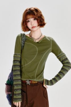 Spicy Girl Long Sleeve T-Shirt for Women with Striped Sleeves, Two-Way Wear, Slim Fit - American Style Fashion Top