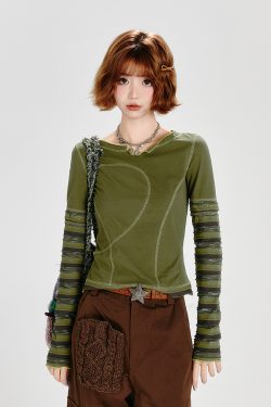 Spicy Girl Long Sleeve T-Shirt for Women with Striped Sleeves, Two-Way Wear, Slim Fit - American Style Fashion Top