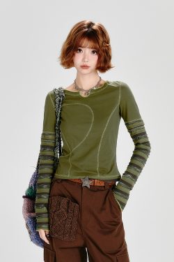 Spicy Girl Long Sleeve T-Shirt for Women with Striped Sleeves, Two-Way Wear, Slim Fit - American Style Fashion Top