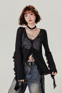 Spicy Girl Long Sleeve T-Shirt with Ruffled Edge - Women's Autumn Knit Cardigan Jacket in American Style, Casual Chic Fashion