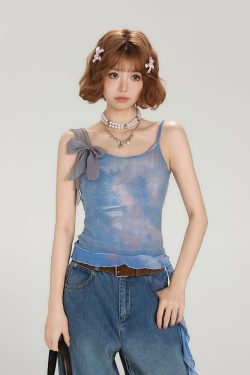 Spicy Girl Mesh Camisole for Women - American Style Summer Tie-Up Bow Fitted Top